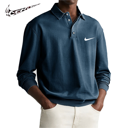 Polo da Uomo Retro Distressed Confortevole a Manica Lunga con Colletto