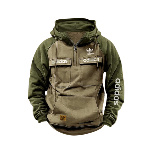 ADIDAS™ - Felpa a Quarter con Cappuccio Verde Beige